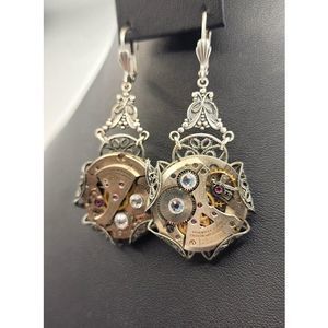 Silver Steampunk Dangle Earrings Watch Movement Gear with Jewels